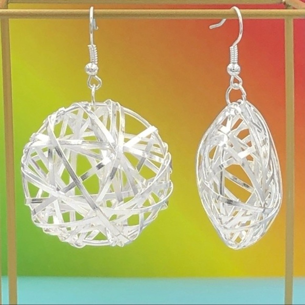 🍀 Puff Disk Wire Wrapped Silver Dangle Earrings